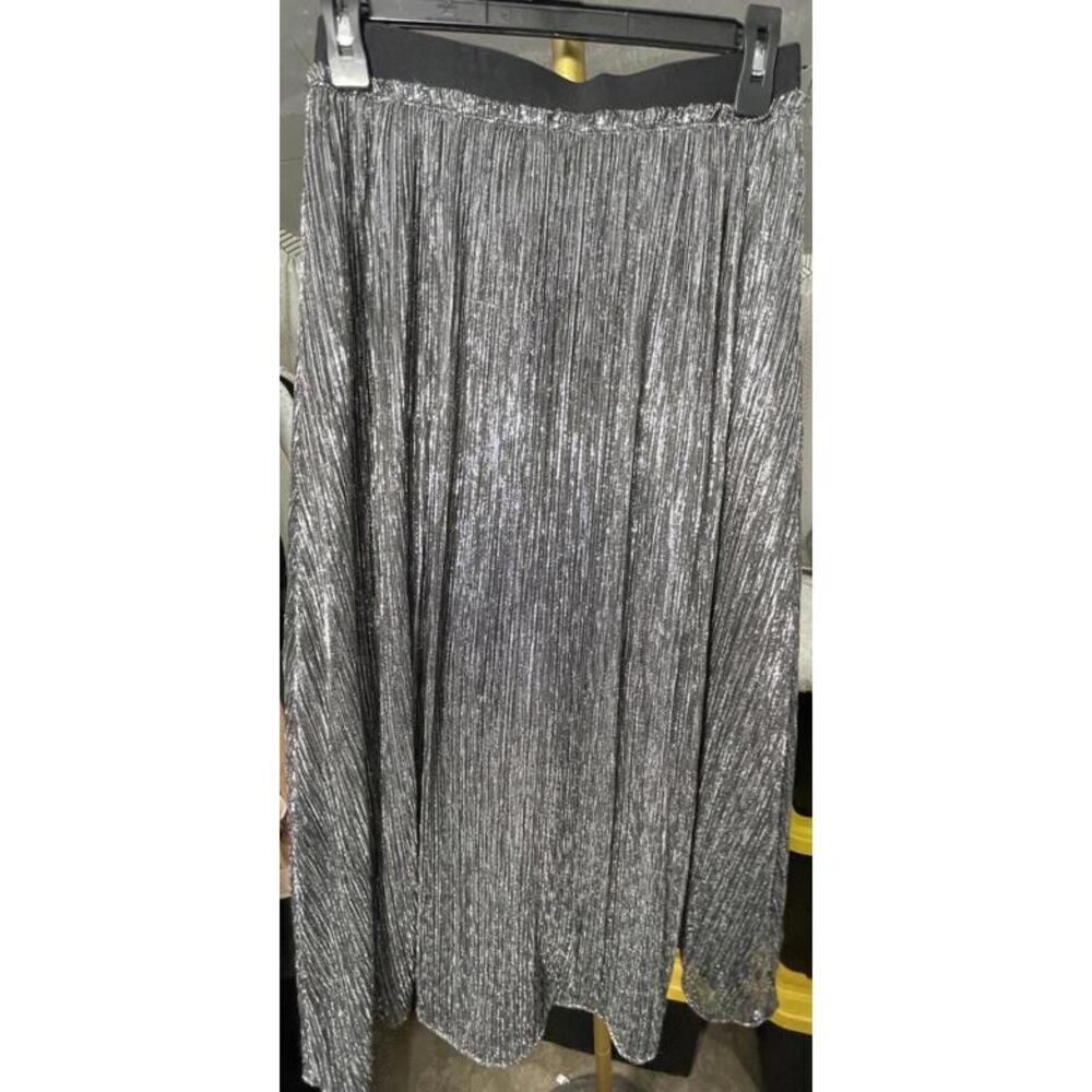 Loft Women’s Silver/ Black Pleated Midi Skirt Elastic Waist Metallic Shimmer XS